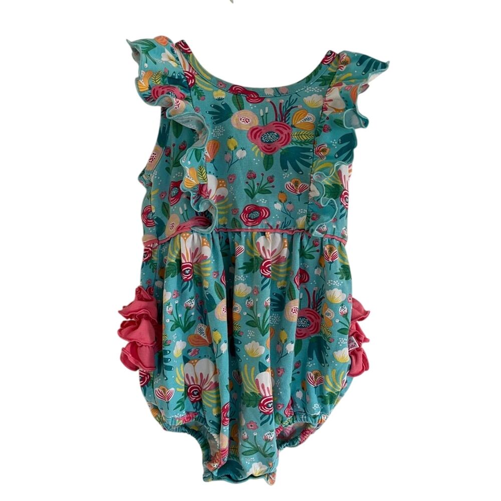 Ruffle Butt Girls Teal Floral Ruffle Romper 12-18mo